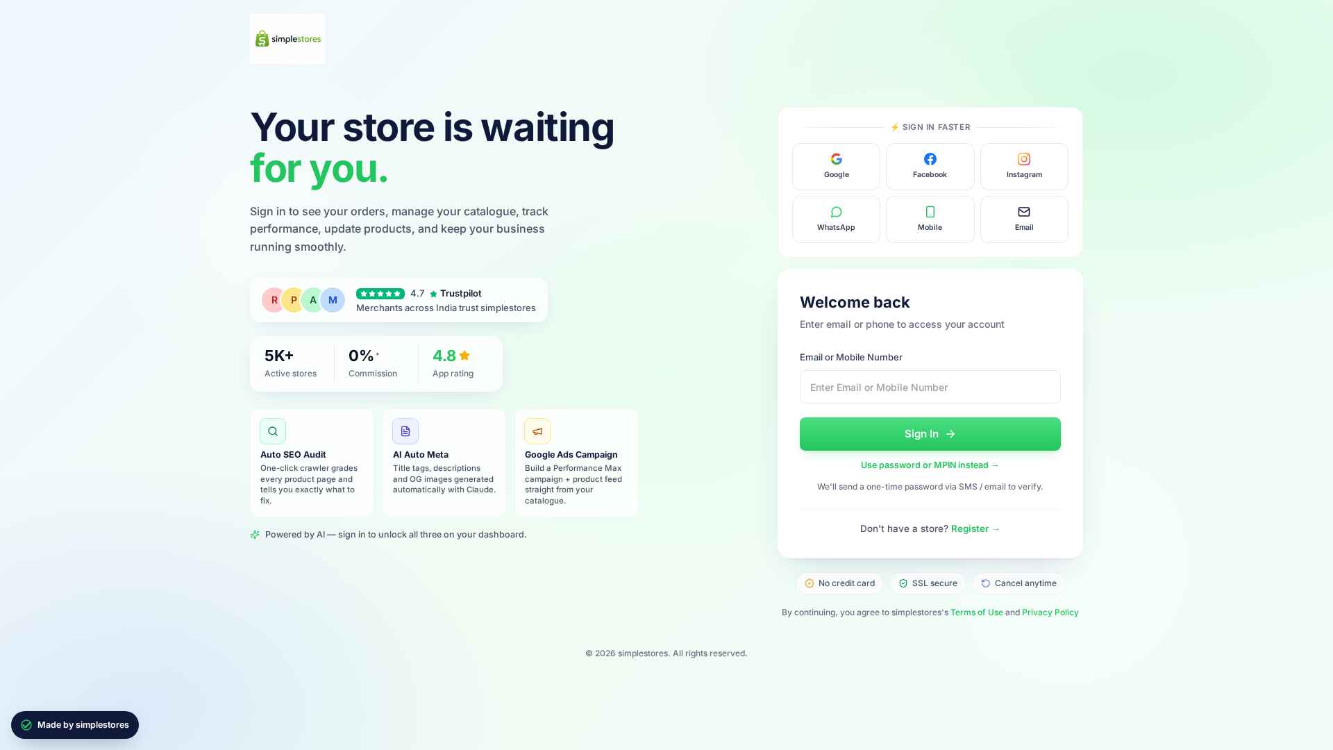 simplestores login page with six social-login options and email/phone sign-in
